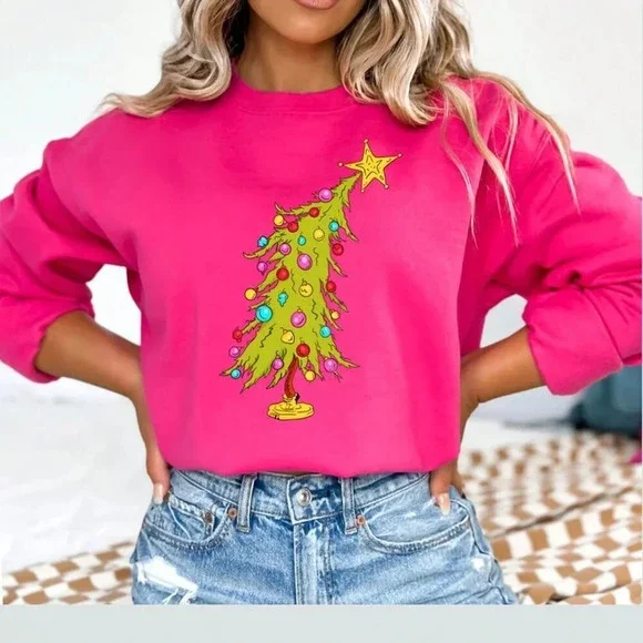 Hot Pink Casual Women's Christmas Tree Print Drop Shoulder Sweatshirt - Picture 1 of 3